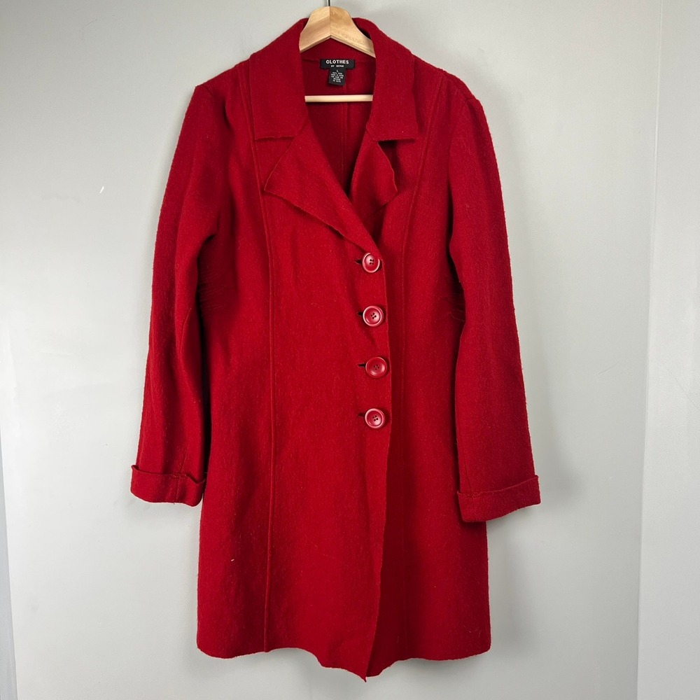 Clothes by Revue Red 100% Boiled Wool Button Front Coat L Lagenlook Artsy Jacket
